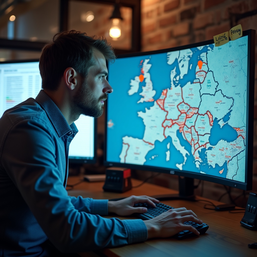 Dyspozytor planujący trasę transportu na ekranie komputera z cyfrową mapą Europy